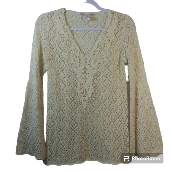 Flying Tomato Cream Open Knit Bell Sleeve Sweater Cottagecore Size Small - Picture 1 of 5